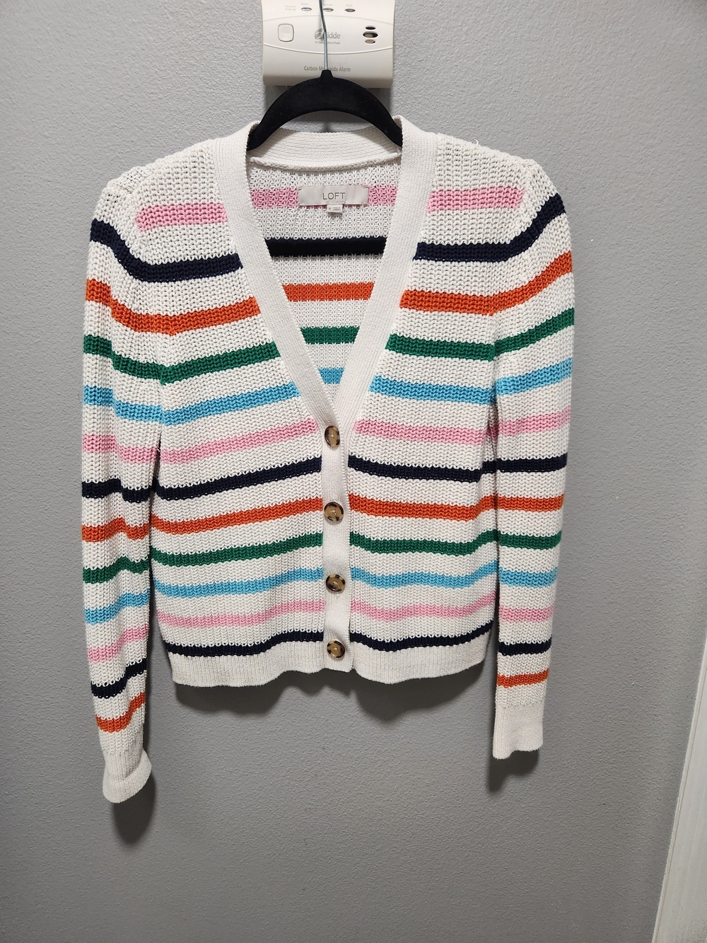 LOFT Women's White Multicolor Striped Button-Front Knit Cardigan